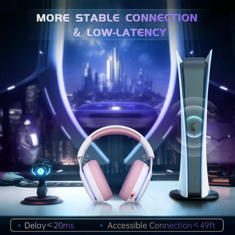 Gtheos 2.4GHz Wireless Gaming Headset for PS5, PS4 Fortnite & FPS Gamers, PC, Nintendo Switch, Bluetooth 5.3 Gaming Headphones with Noise Canceling Mic, Stereo Sound, 40+Hr Battery (Pink)