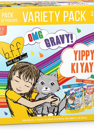 Weruva B.F.F. OMG - Best Feline Friend Oh My Gravy!, Rainbow A Gogo Variety Pack! Cat Food, 3oz Pouch (Pack of 12)