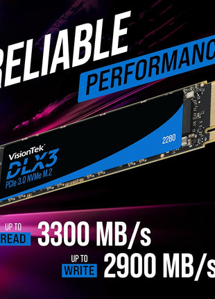 VisionTek 2280 DLX3 M.2 SSD - 512GB - PCIe Gen 3.0 x4 NVMe - 3300MB/s Read, 2900MB/s Write – Laptops, Gaming PCs, Compatible Consoles