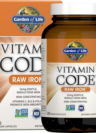 Garden of Life Vitamin Code Raw Iron Supplement - 30 Vegan Capsules, 22mg Once Daily Iron, Vitamins C, B12, Folate, Fruit, Veggies & Probiotics, Iron Supplements for Women, Energy & Anemia Support