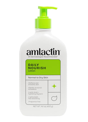 AmLactin Daily Nourish Therapeutic Body Lotion for Dry Skin - No-Scrub Exfoliator and Moisturizer 12% Lactic Acid Lotion, 14.1 oz (Packaging May Vary)