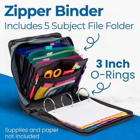 Case-it School Zipper Binder | 3-Inch O-Rings | 600-Sheet | D-146 Jet Black | Mighty Zip Tab, 5-Subject Expanding File Folder, Multiple Pockets, Storage Organizer, Shoulder Strap, Office