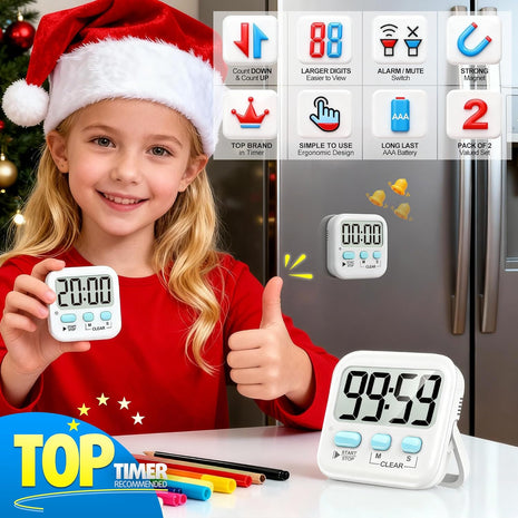 2 Pack Digital Timer for Kids Classroom Kitchen Timers for Cooking | w/ Battery, Easy to View, Alarm, Mute Mode, Count Down/Up, Magnetic, Kickstand, Hanging, Classroom Timer for Teacher Supplies