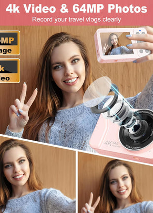 Digital Camera, 4K 64MP, 18X Zoom, Point and Shoot Digital Camera with 64GB TF Card & 2 Batteries, Portable Rechargeable Small Camera for Kids Teens Adult, Pink
