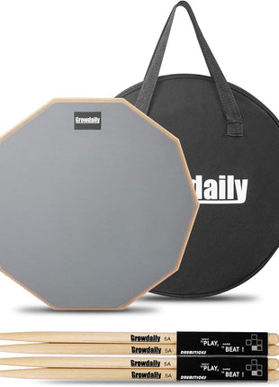 Drum Practice Pad for drumming drum pad and sticks 12 In,Sided With 2 Pairs/4 Maple 5A Drum Sticks & Storage Bag(Gray)