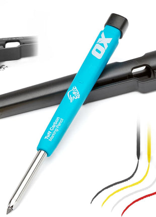 OX Construction Pencil - Mechanical Carpenter Pencils Set w/Sharpener | Heavy Duty Construction Pencil, Carpentry Marking Pencil for Woodworking, Site Holster, Red, White, Yellow, & Graphite Leads