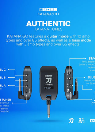 BOSS KATANA:GO | Personal Headphone Amplifier for Guitar & Bass | Ready To Play Sounds from Stage Class Katana Amps | Advanced Spatial Technology | Edit Tones & Stream Backing Music via Bluetooth