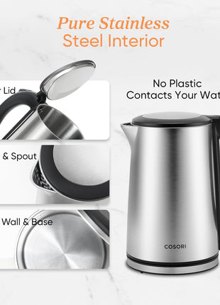 Cosori Stainless Steel Electric Kettle, Plastic-Free Interior, 1.5L, Silver | Cool-Touch Double-Wall, Auto Shut-Off, Boil-Dry Protection, Tea Kettle, Hot Water Boiler, 1500W