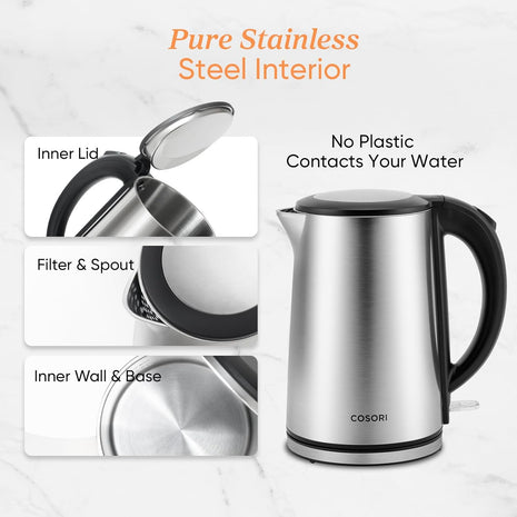 Cosori Stainless Steel Electric Kettle, Plastic-Free Interior, 1.5L, Silver | Cool-Touch Double-Wall, Auto Shut-Off, Boil-Dry Protection, Tea Kettle, Hot Water Boiler, 1500W
