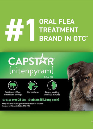 Capstar for Dogs (nitenpyram), Fast-Acting Oral Flea Treatment for Dogs Over 25+ lbs, Vet-Recommended Flea Medication Tablets Start Killing in 30 Minutes, 6 Doses