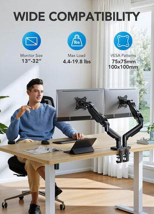 HUANUO FlowLiftTM Dual Monitor Stand, Fully Adjustable Gaming Monitor Desk Mount for 13–32′′ Computer Screens, Full Motion VESA 75x75/100x100 with C-Clamp & Grommet Base, Each Arm Holds 4.4 to 19.8 lbs
