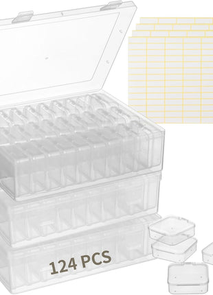 120Pcs Bead Organizer Box, Small Clear Plastic Bead Storage Containers, 4 Craft Storage Boxes with Hinged Lid, 336 Labels, Mini Box for Jewelry Making Bracelets Beading Nails Screws Seeds Small Parts