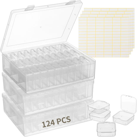 120Pcs Bead Organizer Box, Small Clear Plastic Bead Storage Containers, 4 Craft Storage Boxes with Hinged Lid, 336 Labels, Mini Box for Jewelry Making Bracelets Beading Nails Screws Seeds Small Parts