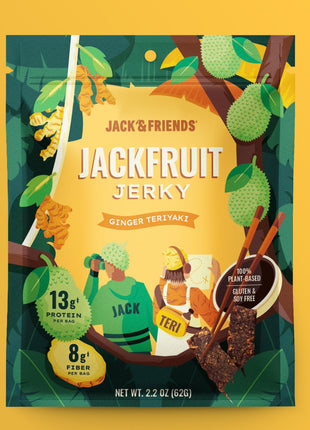 Jack & Friends Jackfruit Jerky Ginger Teriyaki - Plant Based Vegan Jerky Snack, Healthy Meatless Jerky Alternative Made from Jackfruit, 13g Protein, 8g Fiber, Gluten Free, Soy Free, Low Sugar, 2.2 oz (1 Pack)