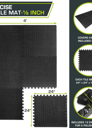 ProsourceFit Puzzle Exercise Mat 1⁄2 in, EVA Interlocking Foam Floor Tiles for Home Gym, Mat for Home Workout Equipment, Floor Padding for Kids, Black, 24 in x 24 in x 1⁄2 in, 24 Sq Ft - 6 Tiles