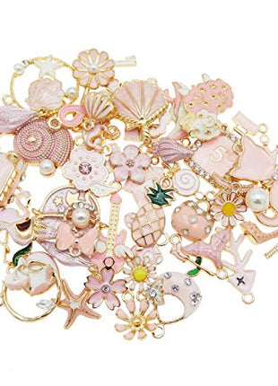 40pcs(20PAIRS) Assorted Gold Tone Enamel Animals Fruit Moon Star Dainty Dangle Flowers Pendants Charms for Jewelry Making Necklace Bracelet, Pink Theme