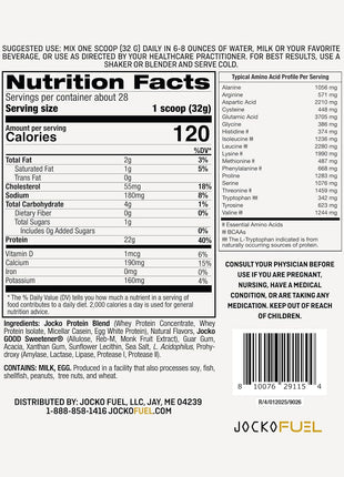 Jocko Fuel Whey Protein Powder, Vanilla Milkshake, 22g Protein, Digestive Enzymes + Probiotic Blend, No Sugar Added, with Essential Amino Acids + Electrolyte Minerals, 28 Servings