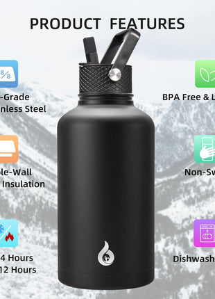 BJPKPK Half Gallon Insulated Water Bottles with Straw Lid, 64oz Large Water Jug, Stainless Steel Bottles with 3 Lids and Paracord Handle, Thermo for Hot & Cold Liquid, Black