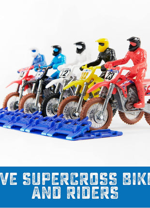 Supercross Authentic Die-Cast Motorcycles & Riders, 5-Pack | Includes 5 Bikes with Attached Pro Riders Like Ken Roczen, Metal Die-Cast Motors & Forks, Pretend Play Gifts for Kids Ages 3+
