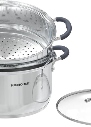 SUNHOUSE 3.1 QT Stainless Steel Steamer Pot for Cooking Vegetables | Steaming Pot with Glass Lid & Steamer Basket - 2 Tier Tri-ply Stovetop Steamer For Vegetable, Veggie - Induction Compatible