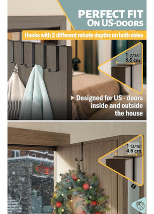 Menz Over The Door Hooks 10 Pack, 2-Sided Fits 1 3/8 inch & 1 3/4 inch Door, Bathroom Towel Hook with Anti-Scratch Pads, and Non-Slip Dots, L 3 inch Wreath Hanger Thin Overdoor Organizer Dorm Travel Essentials