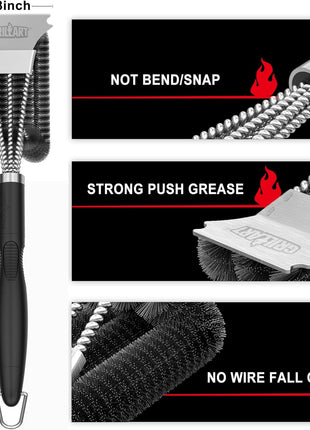 GRILLART Grill Brush and Scraper, Extra Strong BBQ Cleaner Accessories, Safe Wire Bristles Barbecue Triple Scrubbers Cleaning Brush for Gas/Charcoal Grilling Grates, Wizard Tool BR 8115