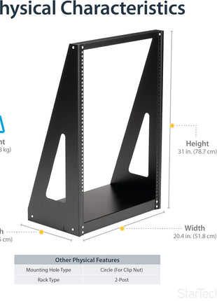 StarTech 16U 2-Post Open Frame Desktop Server Rack, 19in Compact Space-Saving Floor IT Rack with 350lb (160kg) Weight Capacity