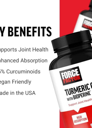 Force Factor Turmeric Curcumin Supplement with Black Pepper, Joint Support Supplement with BioPerine for Enhanced Absorption, No Gelatin, Non-GMO, 90 Capsules (Pack of 2)