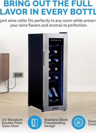 NewAir 12 Bottle Wine Cooler Refrigerator | Freestanding Wine Fridge | Stainless Steel, Double-Layer Tempered Glass Door, Quiet Compressor | 41F-64F Digital Temperature Control For Reds & Whites Wine