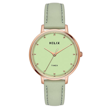 Helix by Timex Analog Watch for Women with Green Round Dial & Green Leather Strap Band Water Resistant Women's Wrist Watches - TW056HL00