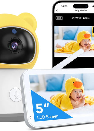 Baby Monitor with Camera and Audio, 2K HD Smart Video Baby Camera WiFi 5inch Screen, Night Vision, Temp Humidity Sensor, 2 Way Talk, Lullaby, Sleep Mode, Cry Detection, 1000ft Range, App Control