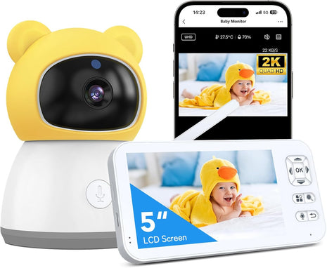 Baby Monitor with Camera and Audio, 2K HD Smart Video Baby Camera WiFi 5inch Screen, Night Vision, Temp Humidity Sensor, 2 Way Talk, Lullaby, Sleep Mode, Cry Detection, 1000ft Range, App Control