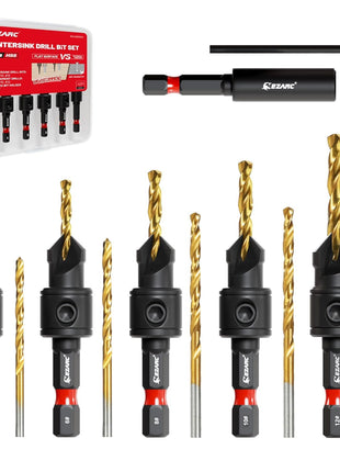 EZARC Countersink Drill Bit Set, 12 PCS Counter Sink Drill Bit Adjustable, #4, #6, #8, #10, #12, Magnetic Extension bit Holder for Woodworking with Storage Box
