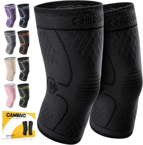 CAMBIVO 2 Pack Knee Braces for Women & Men, Knee Compression Sleeves for Knee Pain Relief, Knee Support with Non-Slip Silicone, Breathable, for Running, Workout, Weightlifting & Daily Use, Arthritis Support (Black, Medium)