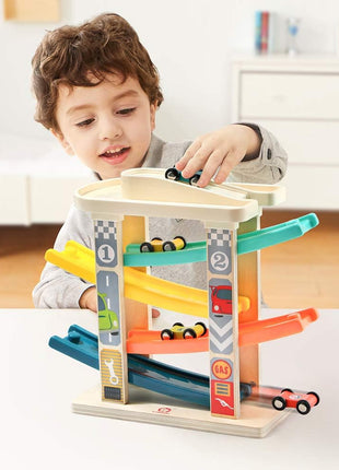 TOP BRIGHT Wooden Car Ramp Track with Cars, Montessori Toy for Toddlers 1-3 | Wooden Race Track Set Includes Cars & Garage, Montessori Learning Toy for Ages 18+ Months, Suitable for Boys & Girls
