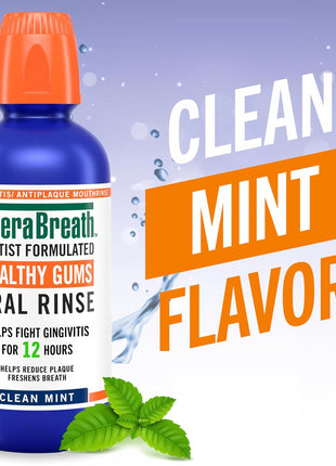 TheraBreath Healthy Gums Oral Rinse, Antigingivitis, Clean Mint Flavor, Dentist Formulated to Help Prevent Gingivitis and Support Gum Health, Alcohol Free, 16 Fl Oz (Pack of 2)