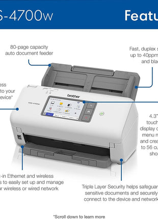 Brother ADS-4700W Professional Desktop Scanner with Fast Scan Speeds, Duplex, Wireless, and Large Touchscreen, White