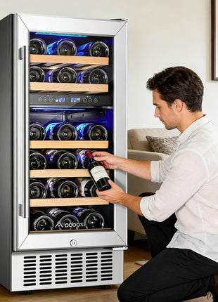 AAOBOSI 24 Inch Dual Zone Wine and Beverage Cooler,19 Bottles & 88 Cans Upgraded Wine Fridge,Built-in and Freestanding,Removable Fashion Wooden Frame,Intelligent Digital Temperatrue Control,Low Noise