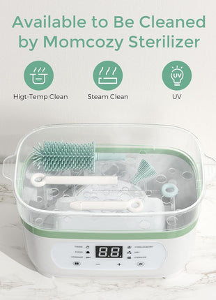Momcozy 7-in-1 Baby Bottle Brush Set with Drying Rack, Green | Silicone Nipple Straw Brushes, Soap Dispenser Storage Box, Foldable Drain Rack, Portable Bag, BPA-Free, Home & Travel