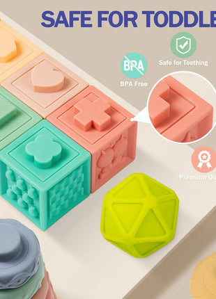 Baby Toys 6 to 12 Months, 5 In 1 Montessori Toys for 1 Year Old, Incl Travel Pull String Toy & Rattle Teether & Stacking Baby Block & Soft Infant Ring & Sensory Ball for Toddler 0-3-6-9-12 Month