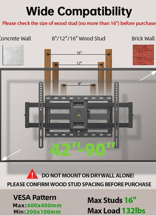 USX Mount Full Motion TV Wall Mount for Most 42-90 inch Flat Screen/LED/4K, TV Mount Bracket Dual Swivel Articulating Tilt 6 Arms, Max 16" Wood Studs, VESA 600x400mm, Holds up to 132lbs
