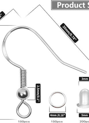 925 Sterling Silver Plated Earring Hooks 150 PCS/75 Pairs,Ear Wires Fish Hooks,500pcs Hypoallergenic Earring Making kit with Jump Rings and Clear Silicone Earring Backs Stoppers (Silver)