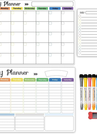 Hivillexun 3-Pack Magnetic Dry Erase Calendar Whiteboard Set for Fridge, Wall & Refrigerator Organisation – Monthly, Weekly & Daily Planners – Includes 8 Markers & Eraser