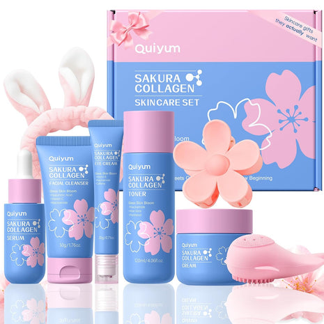 QUIYUM Sakura Collagen Skincare Set - 8-Piece Glass Skin Routine for Women