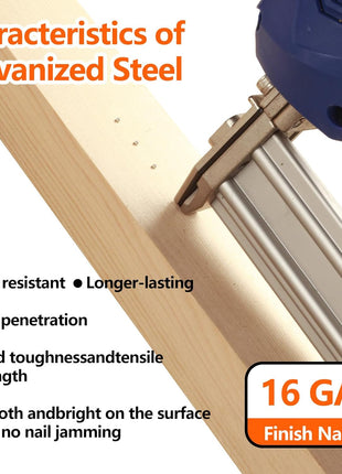 Straight 16 Gauge Finish Nails Galvanized 4 Assorted Sizes 1200 PCS | 300 PCS Per Size: 1-1/2", 1-3/4", 2", 2-1/2" fit 16GA Finishing Nailers for Trim, Cabinet, Furniture Wood Projects Pack