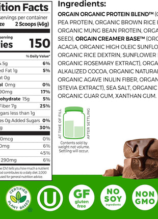 Orgain Organic Vegan Protein Powder, Creamy Chocolate Fudge   21g Plant Protein, 6g Prebiotic Fiber, Low Net Carb, No Lactose Ingredients, No Added Sugar, Non GMO, For Shakes & Smoothies, 2.03 lb