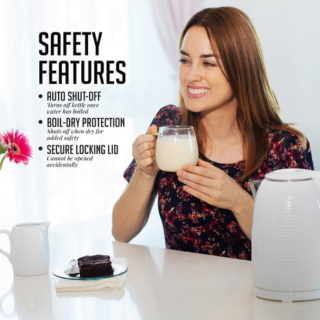 OVENTE 1.7L Double Wall Electric Tea Kettle, 1100W Power, White KD64W | Water Boiler with Cool-Touch Exterior, Stainless Steel Interior, Auto Shut-Off, Boil-Dry Protection & Locking Lid, Easy Clean