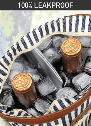 opux Two Bottle Wine Bag Carrier Tote, Insulated Leakproof 2 Bottle Wine Cooler Bag for Travel BYOB Picnic, Portable Wine Case, Gift for Men Women Wine Lover Birthday Party Christmas, Navy Stripes