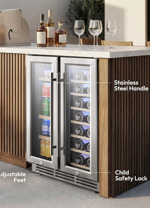 EUHOMY Wine and Beverage Refrigerator, 24 Inch Dual Zone Wine Cooler with Glass Door Hold 21 Bottles and 88 Cans, Built in or Under Counter Wine Fridge with Blue LED Light