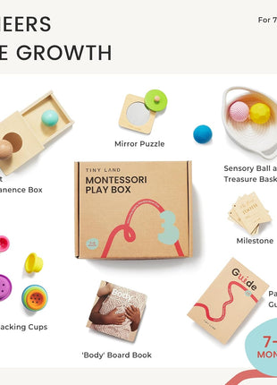 Tiny Land Montessori Toy Set for Babies 7-9 Months Senser Play Kit - 5-in-1 Wooden Learning Toys with Object Permanence Box, Sensory Ball, Stacking Cups and Mirror Puzzle,Body Board Book